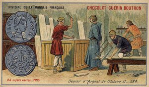 ショコラ・ゲラン・プトロン社のHistoire de la Monnaie Françaiseシリーズ。クロモリトグラフ 19世紀584年のクロテール（クロタイア）2世の銀製デニール 作： Unknown artist