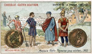 ショコラ・ゲラン・プトロン社のHistoire de la Monnaie Françaiseシリーズ。19世紀のクロモリトグラフ。ジュリアンの下でのガロ・ローマ・コイン 作： Unknown artist