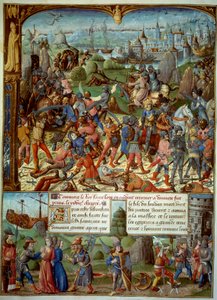 第7回十字軍（1248-1254）。上は、1250年にマンスーラでサラセン人に敗れたフランス王ルイ9世（サン・ルイ）（1215-1270）と十字架。ダマスカスの塔の後ろに撤退していった。ルイ9世と2人の兄弟は捕らえられている 作： Unknown artist