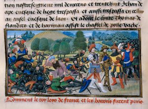 第7回十字軍。国王ルイ9世（サンルイ）（1214-70）が1250年のマンスーラの戦いで捕らえられる（David Aubertによる「Chronique abregee」1250年パリ 作： Unknown artist