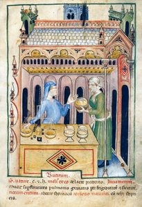 バター パンと 2 人の女性がいる店、Tacuinum sanitatis のイラスト、装飾写本、11 世紀のアラビア語作品のラテン語復刻版 作： Unknown artist