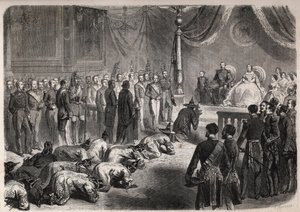 シャム大使は、ナポレオン3世（1808-1873）、ウジェニー（ウジェニア・デ・モンティージョ）、アレクサンドリア（アレクサンドリア）のいるフォンテーヌブローでの厳粛な謁見の際に、フランス皇室に向かって挨拶をした。 作： Unknown artist