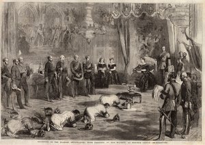 ウィンザー城を訪問したヴィクトリア女王（1819-1901）とアルバート王子（1819-1861）に這い寄るシャム大使たち。1857年12月5日の「The illustrated London News」に掲載された版画。 作： Unknown artist