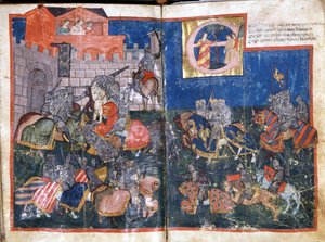 シャルルマーニュによるスペイン・パンプローナの包囲 「Entree of Spain」のミニチュア。14世紀ヴェネツィア、ビブリオテカ・マルシアーナ。 作： Unknown artist