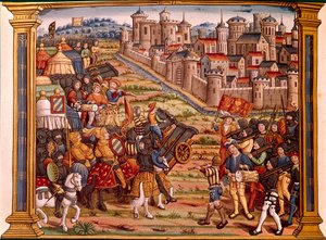 爆弾による都市の包囲。ルイ11世とリエゴワ家の戦い。ミニチュアは "Les epitaphes des feux kings Louis XI of this name and from Charles his son VIII of this name that God absoe "の写本から引用している。 作： Unknown artist