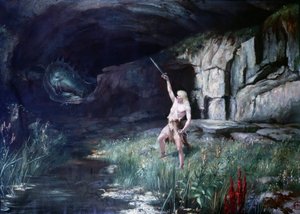 竜のファフナーと対峙したジークフリートが剣を振るっている。リヒャルト・ワーグナー（1813〜1883）のオペラ「ニーベルングの指輪」の舞台。絵画。 作： Unknown artist