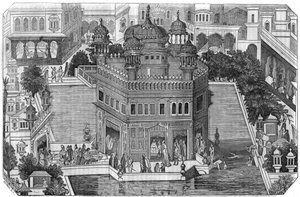 シーク教：インドのパンジャブ州（ラホール王国）にあるシーク教の文化の中心地、盆地と都市アムリトサルの黄金寺院（ハルマンディール・サヒブ）の風景。1836年「絵のある店」にて 作： Unknown artist