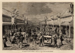 三ツ井の絹織物店の活気、背景には富士山のシルエットが見えます。1863年から1864年にかけて、スイス連邦公使アイム・アンベールが「Le tour du monde, nou」の中で、日本への航海を説明するために描いたもの。 作： Unknown artist