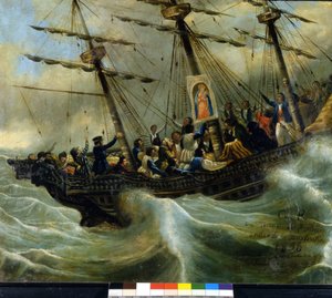 スイス移民船の沈没事故。1856年、ロカルノのマドンナ・デル・サッソの聖域からの出土品。ジョバンニ・アントニオ・ヴァノーニの作品とされています。 作： Unknown artist