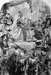 サー・フランシス・ドレイク（1540-1596）は、1581年にエリザベス1世からナイトの称号を授与されたイギリスの航海士です。エングレーヴィング。 作： Unknown artist