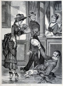 醸造所でのスケートシーン。少年が転んで身につけていた皿を壊してしまう（1883年）。 作： Unknown artist