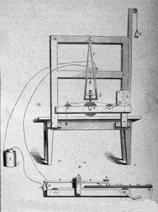 アメリカの発明家サミュエル・フィンリー・ブリース・モース（1791-1872）の最初の電信機のスケッチ。19世紀の銅版画 作： Unknown artist