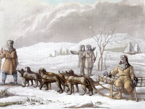 犬に引かれたカンプツチャダレスのソリ（シベリア）。パリ装飾美術図書館（Bibliotheque des arts décoratifs de Paris）のGallina fによるドローイング。"Le costume ancien et moderne" 作： Unknown artist