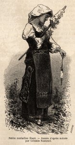 紡錘で羊毛を紡ぐローマ周辺の小さなコンタディーネ（農民）。フランシス・ウェイが1864年から1870年に行ったローマへの航海を示すための版画で、エドゥアール・シャルトン編集の「Le tour du monde」1870年から1871年に掲載されている。