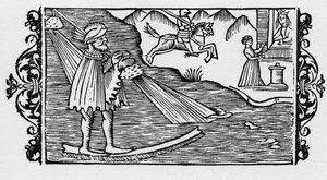 魔術師がソルティレッジを使って海を渡る-Olaus Magnusの "Historia de Gentibus Septentrionalibus "の中で、1555年にローマで。
