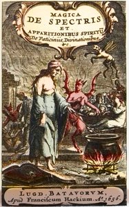 悪魔に見張られながら薬を調合する魔術師（Henningus Grosius著「Magica de spectris et apparitionibus spiritu de vaticiniis, divinationibus」の扉絵 作： Unknown artist