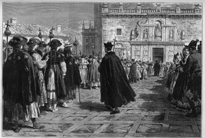 スペイン 1880年：サンティアゴ・デ・コンポステーラ（Santiago de Compostela）の祭礼、バシリカの入り口でのペレランの行列。 作： Unknown artist
