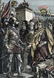 スペインのメキシコ征服：1519年、エルナン・コルテスとモンテスマ2世の会談 作： Unknown artist
