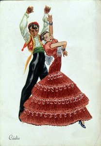 伝統的な衣装を身にまとったスペインのフラメンコ・ダンサーたち。 作： Unknown artist