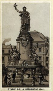 パリのレピュブリック広場にある共和国の彫像。19世紀末のクロモリトグラフ。 作： Unknown artist