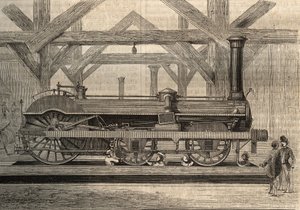 トーマス・ラッセル・クランプトン(1816-1888)と名付けられたクランプトン方式の蒸気機関車模型。1856年に描かれた版画。 作： Unknown artist