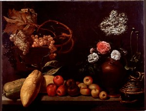 バラ、シュラブの花、レモン、ブドウのある静物画（絵画 作： Unknown artist