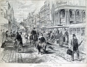 街の風景、1889年のメルボルンのコリンズ・ストリート。 作： Unknown artist