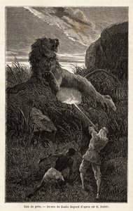 日の出を見ながらのハイキング中にライオンに驚かされた著者は、その動物を射殺して傷を負わせる。1861-62年にSir Samuel W.Bakerが行ったナイル川のアビシニア支流の探検を説明するためのエングレーヴィング（"Le tour du monde" 1870-1871, edi 作： Unknown artist