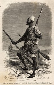 軍服を着たアフマドゥ（トゥクレール）王の軍隊のタリベ（クルアーンを学ぶ若い学生）。1863-1866年のM.Mage中尉（海軍）の西スーダンへの航海を描いた版画（「Le tour du monde, nouveau journal des voyage 作： Unknown artist