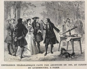 1690年にパリのリュクサンブール公園で行われたギョーム・アモントンの電信実験（19世紀の彫刻）。ビアンケッティ・コレクション 作： Unknown artist