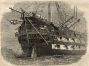 電信：最初の大西洋横断ケーブルを敷設する船H.M.S. "アガメムノン "の船尾の様子。6月5日付「イラストレイテッド・ロンドン・ニュース」に掲載された図版 作： Unknown artist