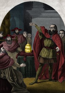 反教皇ヨハネ23世（Antipapa Giovanni 23）（1410-1415）（Baldassarre Cossa）は、1410年のピサ公会議で主権者として宣言された。モーリス・ラシャトレの「Histoire des popes」に掲載されている1842年のエングレーヴィング。個人蔵。 作： Unknown artist