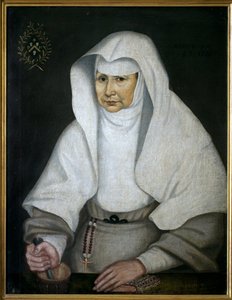 ホテル・デュー・ド・ボーヌの薬剤師シスター・ピエレット・モネ（1557-1628）。乳鉢と乳棒を持った姿で描かれている。匿名の絵画、油彩・キャンバス 作： Unknown artist