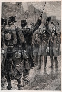 Victor Schoelcher (1804-93) at the Saint Antoine Barricade, 4th December 1851 - Victor Schoelcher (1804-93) の逮捕 1851年12月4日、フォーブル・サン・アントワンヌ - ルイ・ボナパルト（未来）のクーデターによって引き起こされた反乱の中で、このような逮捕が行われた。 作： Unknown artist