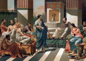 ペリアンダー（暴君、コリント王）がギリシャの7賢人を招いて行った饗宴。Bias, Esop, Anacharis, Cleobule, Solon, Pythagoras, Periander and his wife Melisse.After "La Ciencia y sus Hombres by Louis Figuier".バルセロナ 1 作： Unknown artist