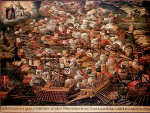 ギリシャ沖のレパンテの戦いでは、1571年にスペイン、ヴェネツィア、ローマ教皇の各軍がオスマン・トルコと対立しました。匿名の絵画。16世紀ヴェネツィア・コッレール美術館