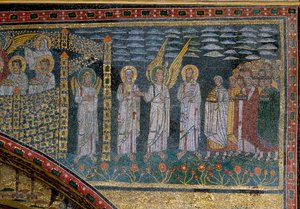 天使に導かれる福者。天上のエルサレムを描いた凱旋門の詳細。モザイク 9世紀初頭 イタリア・ローマ S. Prassede - 天上のエルサレムの幻影 - 天使によって聖ペテロと聖パウロに差し出された選ばれし者たちが門へと進む