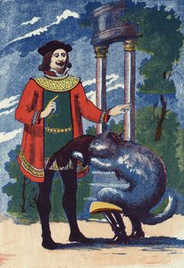 ブーツ猫は王様にウサギを差し出します。フランスの作家、シャルル・ペロー（1628-1703）の物語「ブーツ猫」の挿絵。匿名のイラスト。イメージ：Marcel Vagne, Jarville Nancy, undated (19世紀後半). 作： Unknown artist