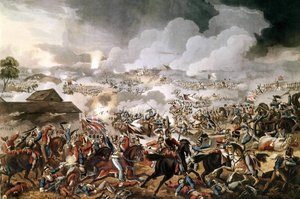 1815年6月18日、ウェリントン公爵（1769～1852）が指揮するイギリス軍は、ナポレオン1世のフランス軍とのワーテルローの戦いに勝利した。当時のエングレーヴィング。 作： Unknown artist