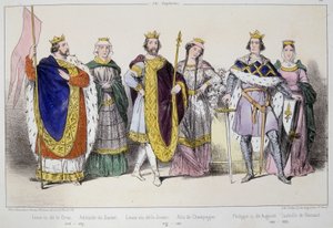カペティアン家。左から順に、ルイ6世は「グロ」（1081～1137年）、アデレードまたはアリクス・ド・サヴォア（？～1154年）、ルイ7世は「若」（1120～1180年）、アリクス・ド・シャンパーニュ（1140～1206年）、フィリップ2世は「アウグストゥス」（1165～1223年）、イザベル・ド・ハイノー（1170～1190年）。 作： Unknown artist