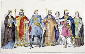 カロリンジア人リシャルド（845-887年以降）とシャルル3世・ル・グロ（839-888年）、カリンシアのアルヌルフ（850-899年頃）、アウトレメルのルイ4世（920-954年）とゲルマニアのゲルベルゲ（913-984年）、ロトヘイル4世（941-986年）とイタリアのエマ（948-1006年） - Plate from Kings and Fr 作： Unknown artist
