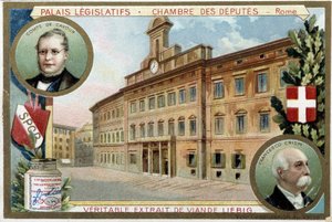 カミッロ・ベンソ・デ・カヴール伯爵（1810-1861）とフランチェスコ・クリスピ（1819-1901）の肖像画があるローマ（イタリア）の代議士会 - リービッヒ・クロモリトグラフィー 作： Unknown artist