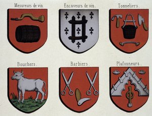 ゲントの紋章（中世の紋章の見本）。Wine Measers, Wine Cavers, Cooperers, Butchers, Barbers, Ceilers 作： Unknown artist