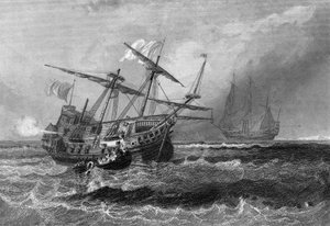 1602年7月1日、モルディブ諸島の岩礁で遭難したコービン号。ヴァン・テナックの「海軍の一般史」では 作： Unknown artist