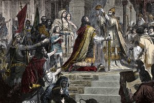 シャルルマーニュの戴冠式 - 800年、教皇レオン3世によるシャルルマーニュ（742～814）の戴冠式 作： Unknown artist