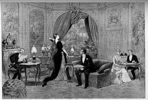 アレクサンドル・デュマ（1824-1895）の喜劇「フランシロン」の登場人物であるリベロール伯爵、フランシーヌ、スタニスラス・ド・グランドロン、テレーズ・スミス、アンリ・ド・シメウは、1887年にパリのコメディ・フランセーズで上演された。Le monde illustriou」に掲載されているエングレーヴィング。 作： Unknown artist