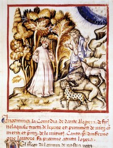 ダンテ・アリギエリの『神曲』。ダンテ、ヴァージル、三匹の獣を描いたミニチュア。14世紀の写本。リミニの市立図書館。 作： Unknown artist