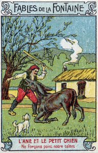 ロバと小犬 - ジャン・ド・ラ・フォンテーヌ（1621-95）の寓話 19世紀末のクロモリトグラフ 個人蔵 作： Unknown artist