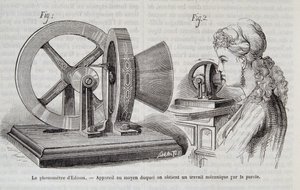 エジソンのフォノメーターは、1878年の「ネイチャー」誌に掲載されたスピーチによって、機械的な仕事を得ることができる装置です。 作： Unknown artist