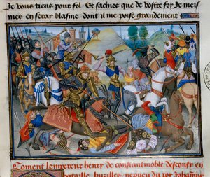 戦闘中のコンスタンティノープル皇帝ヘンリー1世（フランドル＝ハイノー家）（1177-1216）。ダヴィッド・オーベールの「Chronicle abregee」のミニチュア